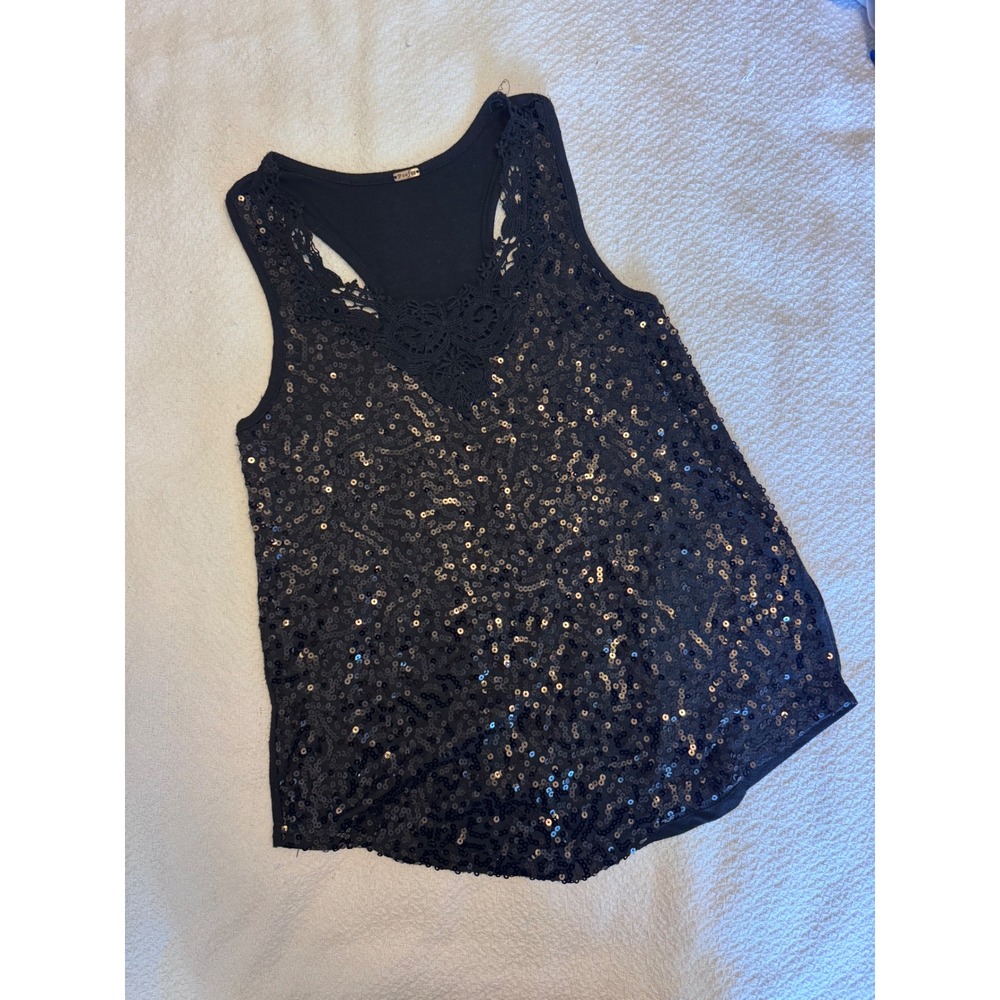 Poof! Black Sequin Tank Top Crochet Lace Racerback Sleeveless Party Shirt Large